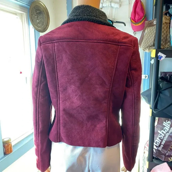 Y2K Vigoss Faux Fur Suede Burgundy Motorcycl Jacket Women S-M Pockets Full Zip - Picture 6 of 9